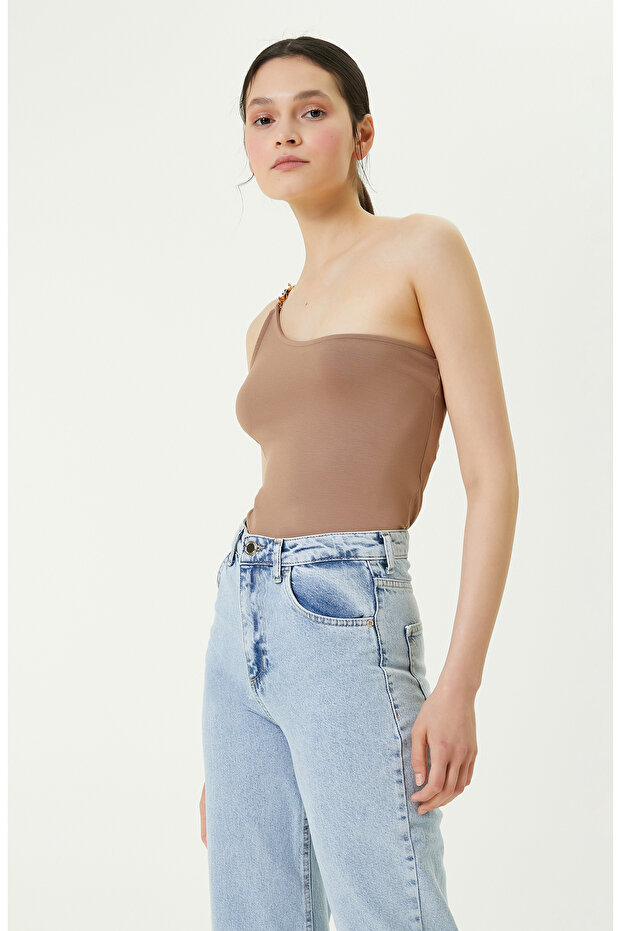 Tek Omuz Yaka Vizon Tshirt - 4