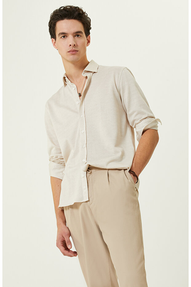 Bej Uzun Kollu Örme Gömlek - 6