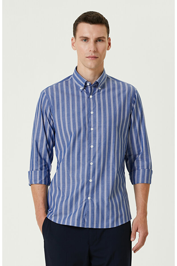 Mavi Çizgi Desenli Gömlek - 2