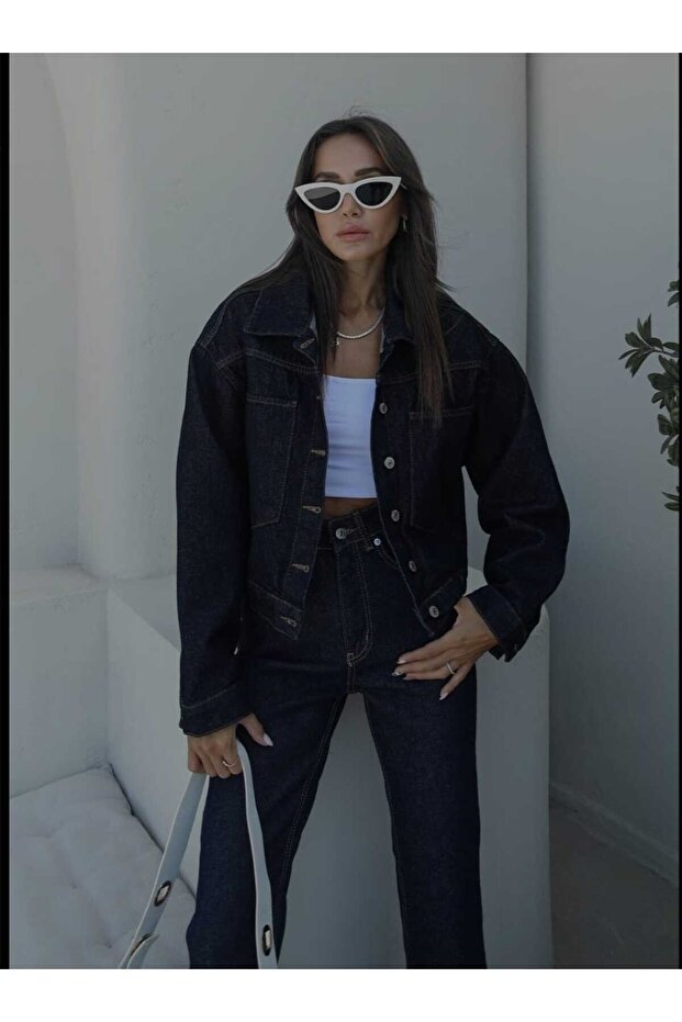 Pelin LACİVERT KISA KOT CEKET OVERSİZE