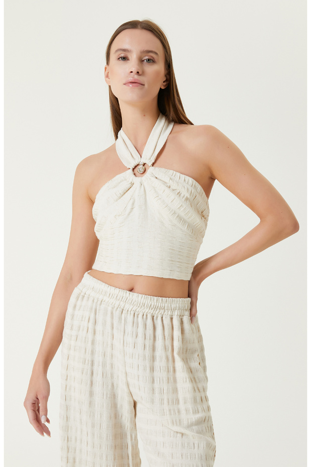 Ekru Bej Çizgili Plaj Bluz - 4