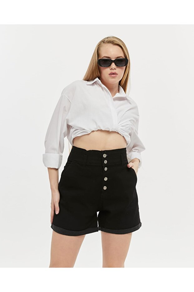 Denim Shorts (Lycra) with Button Detail