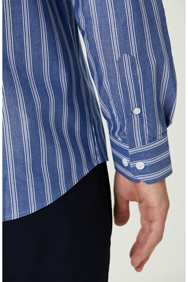 Mavi Çizgi Desenli Gömlek - 7