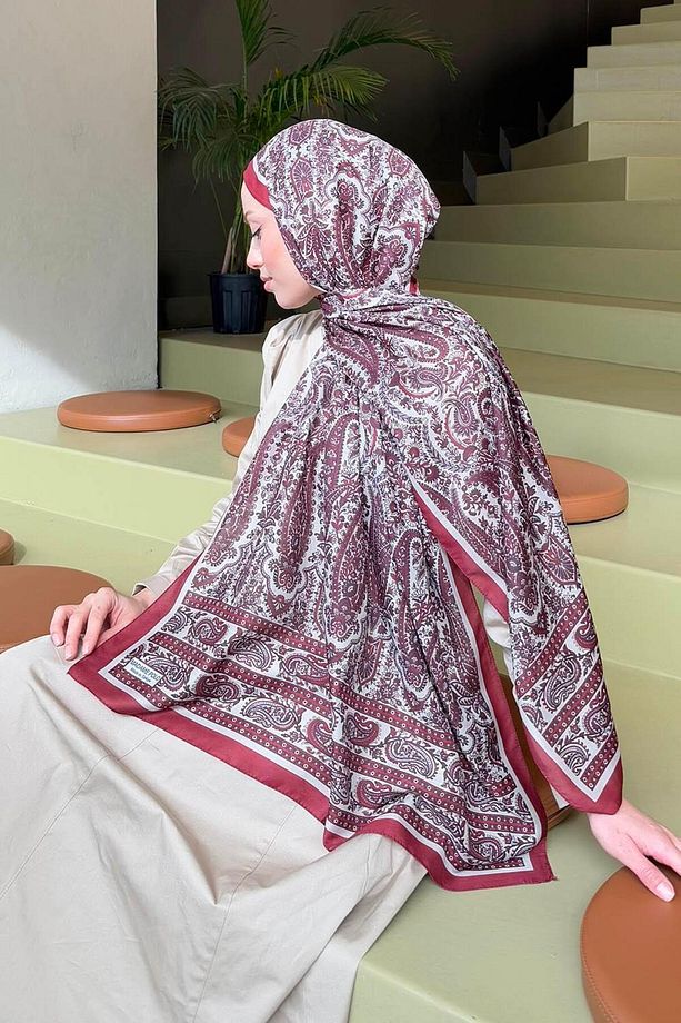 Retro Desenli Soft Şal Bordo Bej - 4