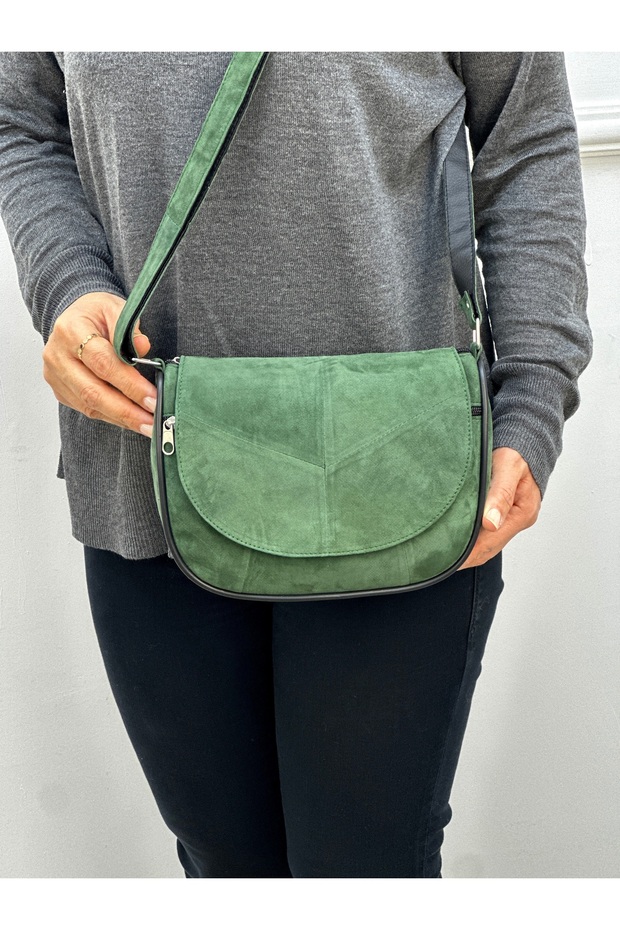 Genuine Suede Leather, Cross Strap, Casual Bag, Women's Shoulder Bag, Moss Green 21*20*7 cm