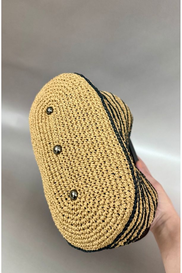 Ahşap burslu Clutch çanta kâğıt ip el örgüsü çanta - 6