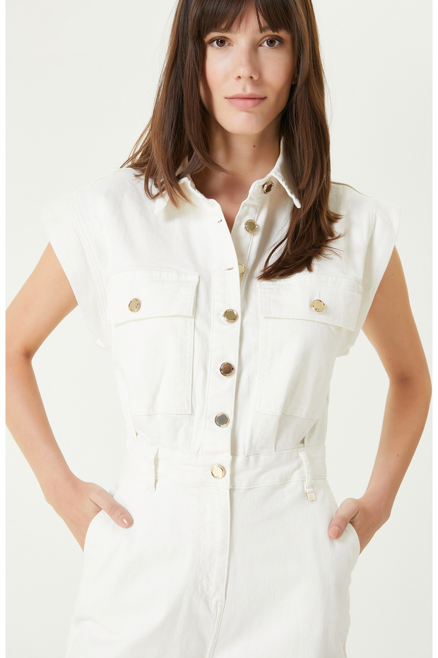 Kırık Beyaz Denim Tulum - 2