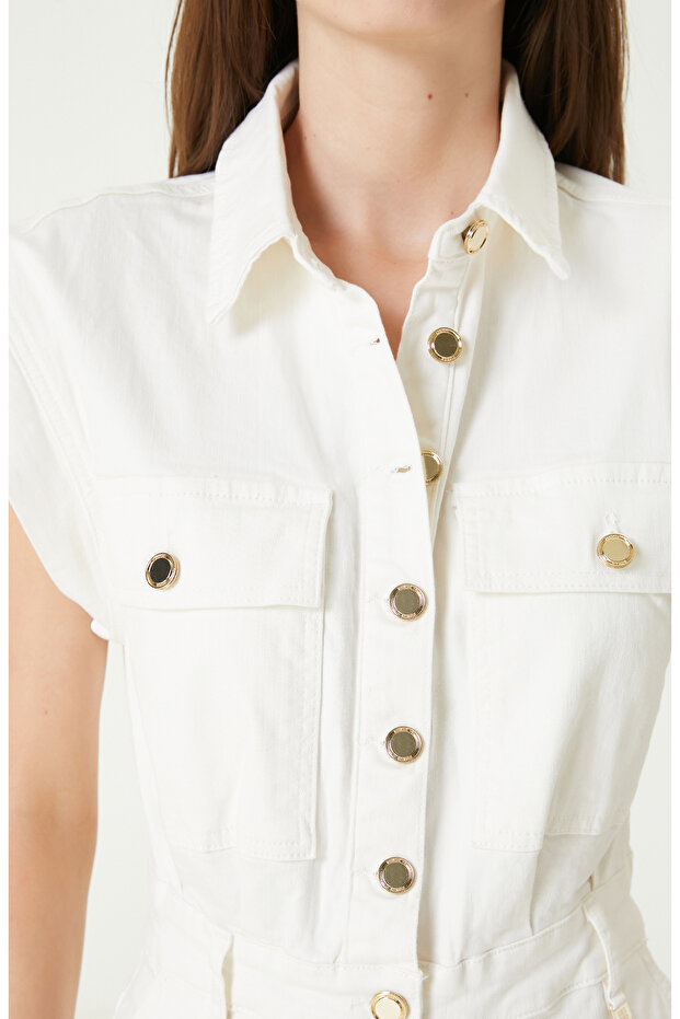 Kırık Beyaz Denim Tulum - 5