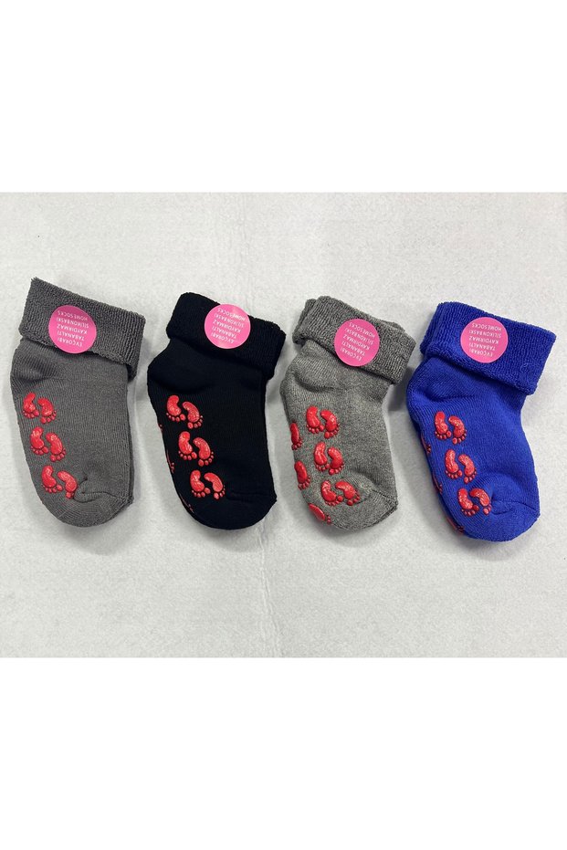 Children's Anti-Slip Abs Printed 4 Pairs of Home Socks with Towel Fold Inside