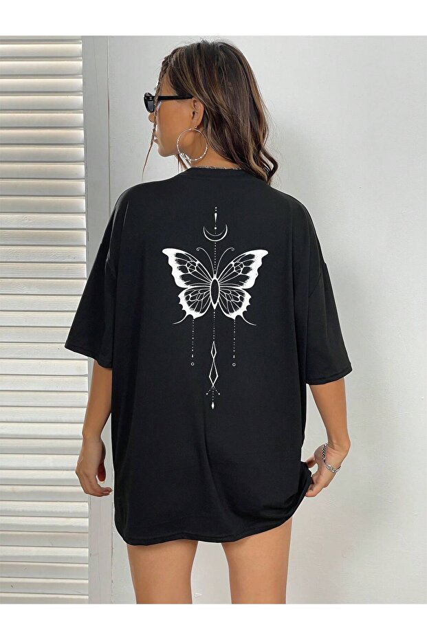 Moon Butterfly T-Shirt - Black Oversize Printed Crew Neck Printed Short Sleeve Loose Fit