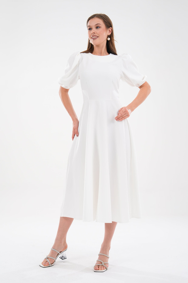 White Atlas Fabric Crew Neck Princess Sleeve Detail Midi Dress 220