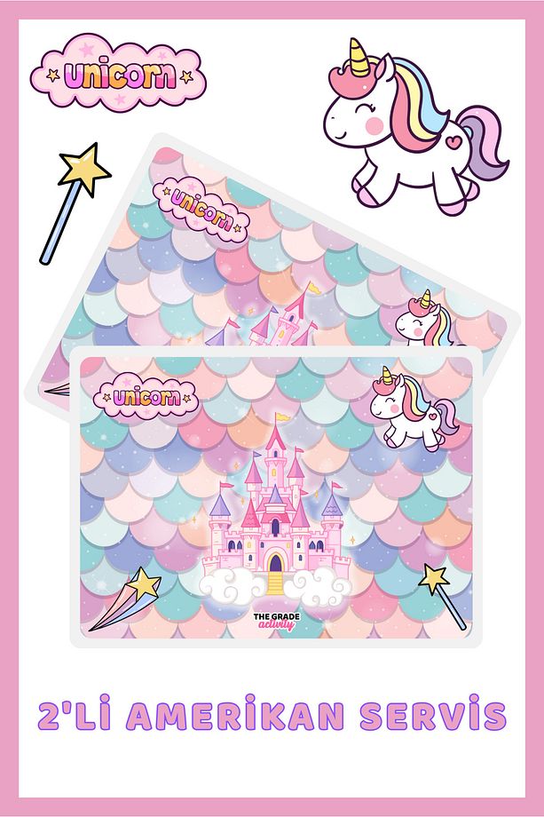 Amerikan Servisi 2'li Unicorn Çocuk Amerikan Servis 2'li Yemek Altlığı Su Geçirmez (42X28 CM) - 1