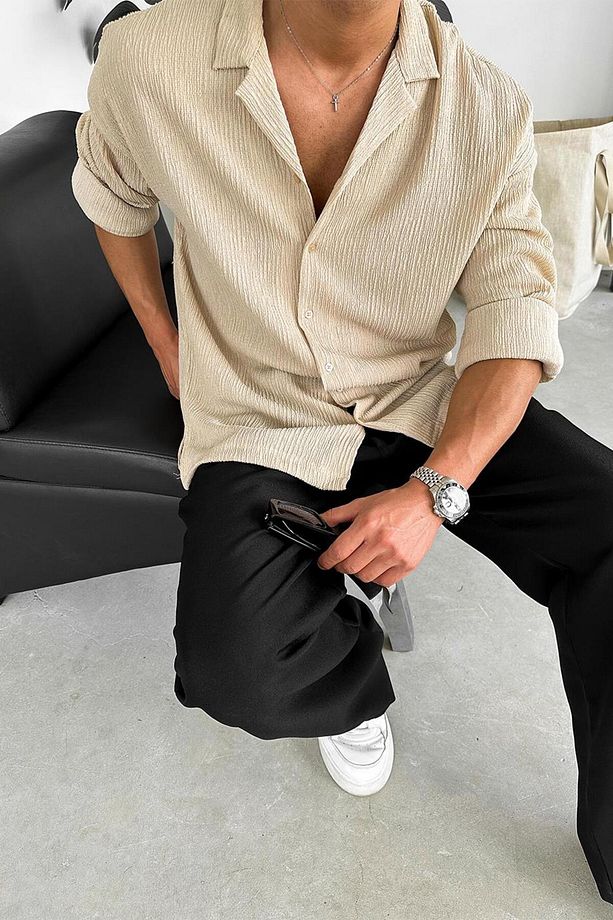 Krem Fitilli Basic Oversize Gömlek - 3