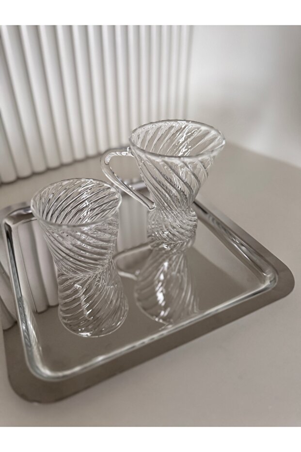 Glass Rose Bucket, Steel Tray, Blown Glass Coffee Cup