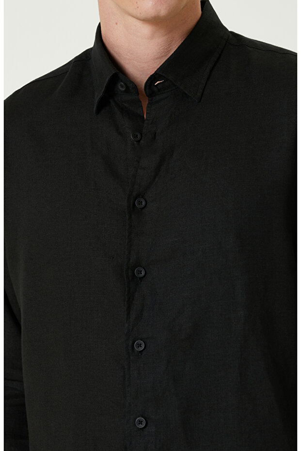 Siyah Keten Gömlek - 6