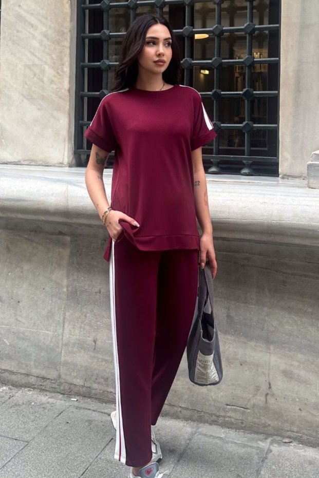 Women's Striped Detail Short-Sleeve Blouse and Carrot Pants Modal Fabric Set