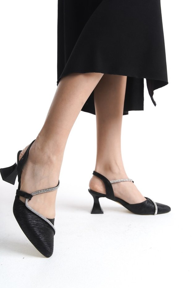 Black Glitter Stone Detailed Heeled Women's Shoes