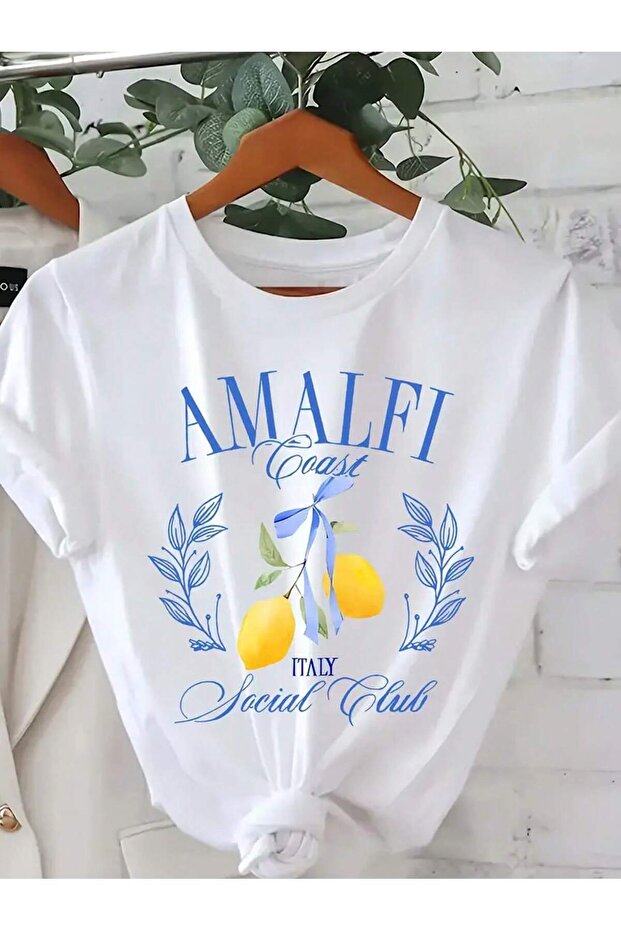 Amalfi Coast T-Shirt - White Oversize Printed Crew Neck Printed Short Sleeve Loose Fit