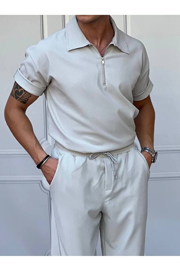 Gray Corded Half Zip Polo Neck T-Shirt