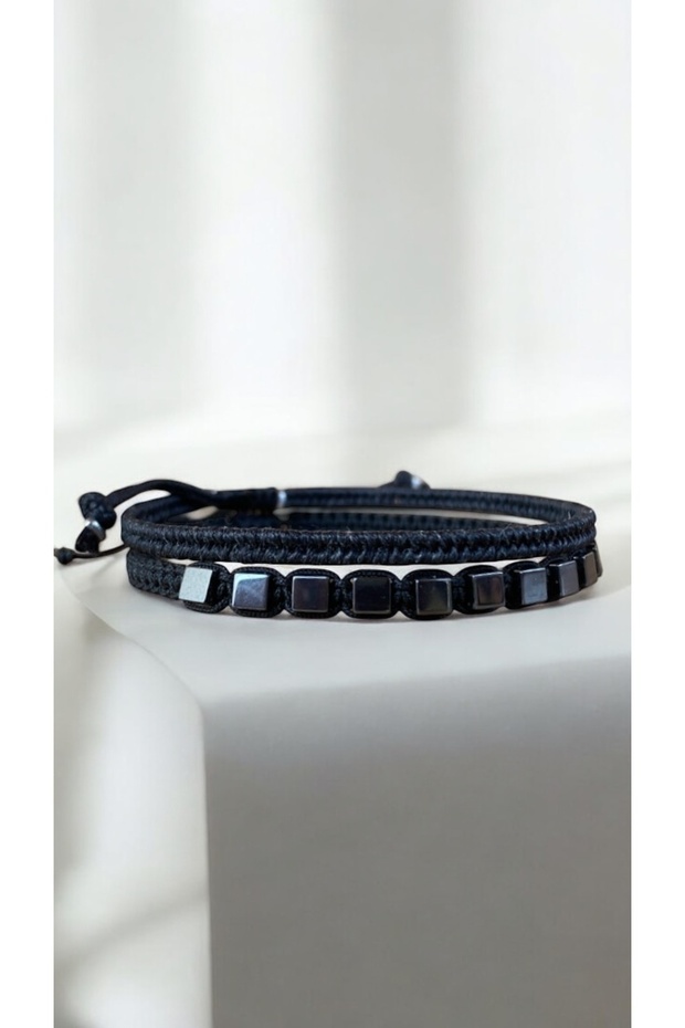 Bensei̇ Cube Hematite Stone Double Combination Adjustable Men's Bracelet