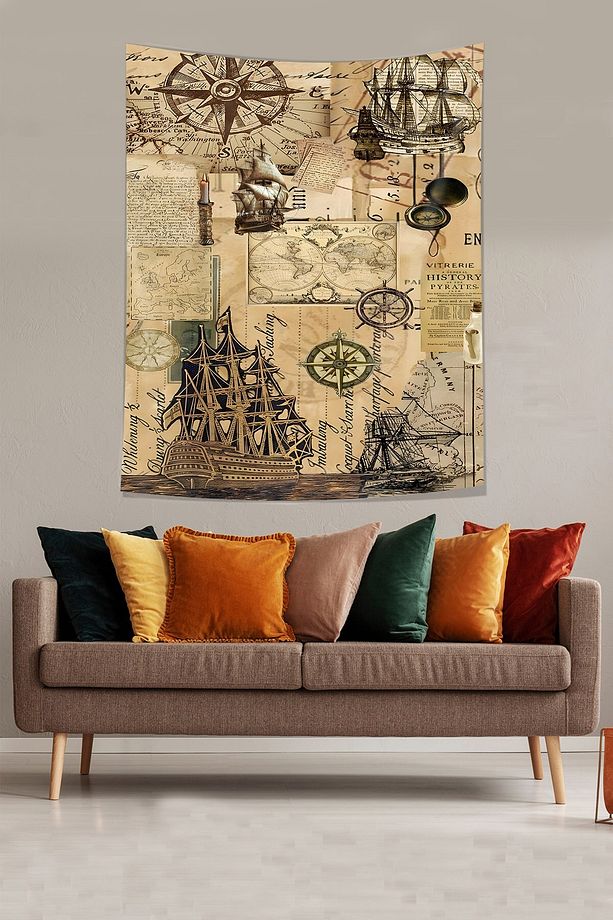 Denizci Temalı Pusula Gemi Desenli Leke Tutmaz Kumaş Duvar Örtüsü Duvar Halısı Tapestry - 1