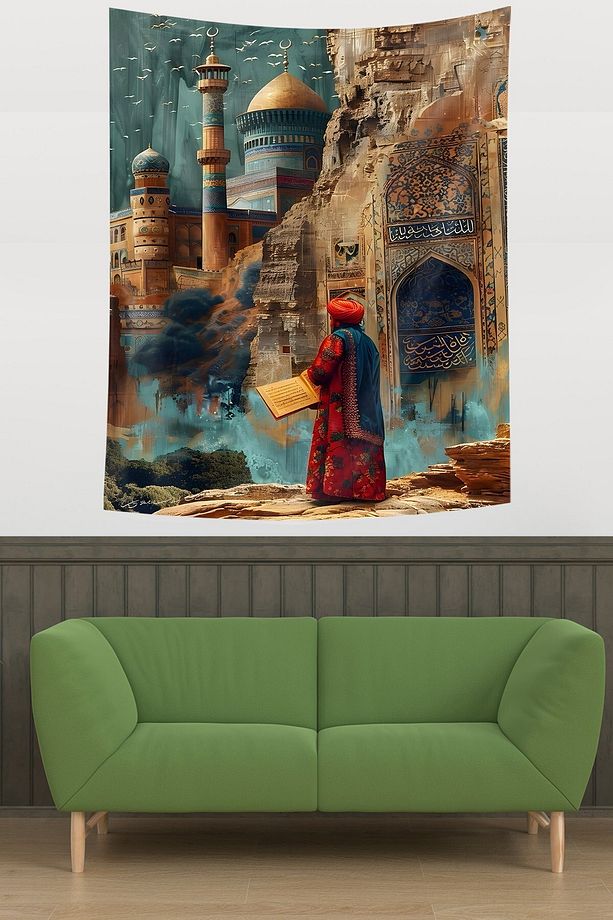 İslami Temalı Camii Üzerinde Uçuşan Kuşlar Leke Tutmaz Kumaş Duvar Örtüsü Duvar Halısı Tapestry - 3