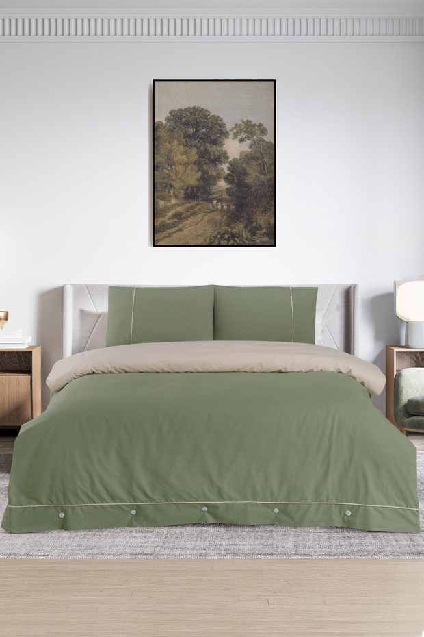 Cotton Duvet Cover Set, Double, Green-Cream