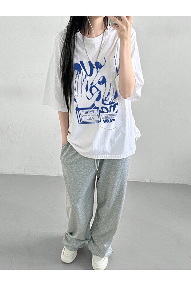 Fun Design T-Shirt - White Oversize Printed Crew Neck Printed Short Sleeve Loose Fit