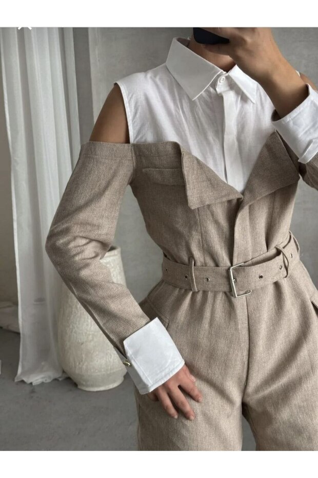 KADIN GÖMLEKLİ KETEN ŞORT TULUM - 2