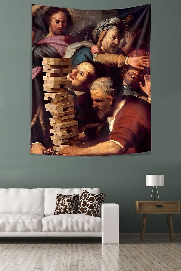 Rönesans Jenga Kulesi Oyunu Leke Tutmaz Kumaş Duvar Örtüsü Duvar Halısı Tapestry - 2