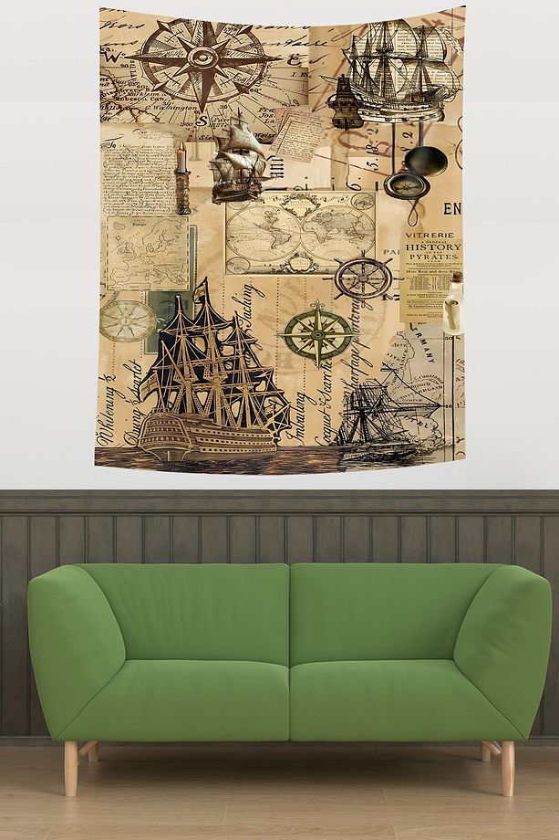 Denizci Temalı Pusula Gemi Desenli Leke Tutmaz Kumaş Duvar Örtüsü Duvar Halısı Tapestry - 3