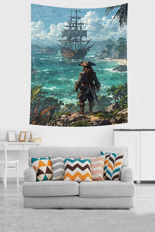 Okyonusta Yelkenli Gemi Ve Korsan Leke Tutmaz Kumaş Duvar Örtüsü Duvar Halısı Tapestry - 2