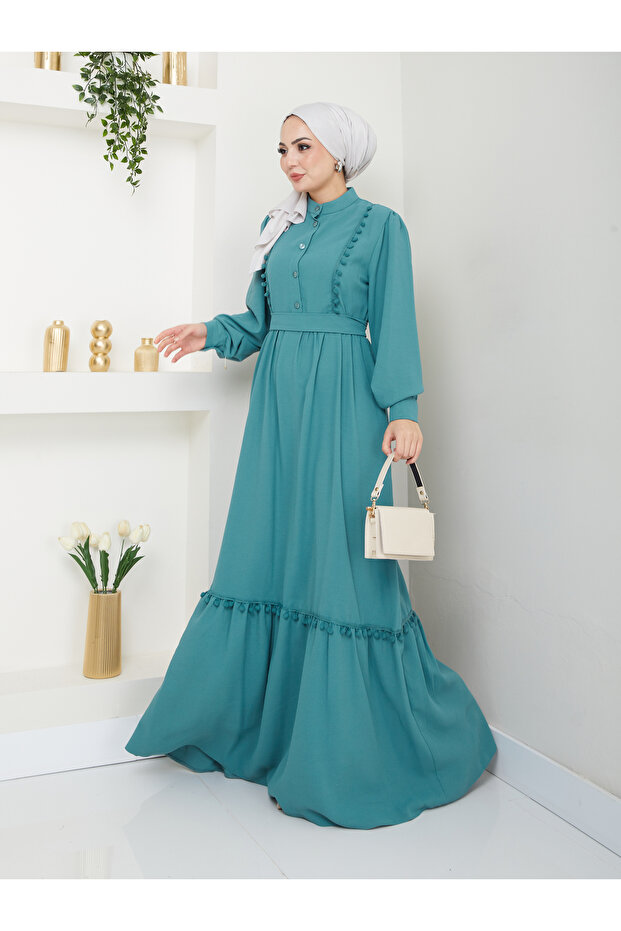 KADIN TESETTÜR DANTELLİ ŞERİT ELBİSE MİNT - 1