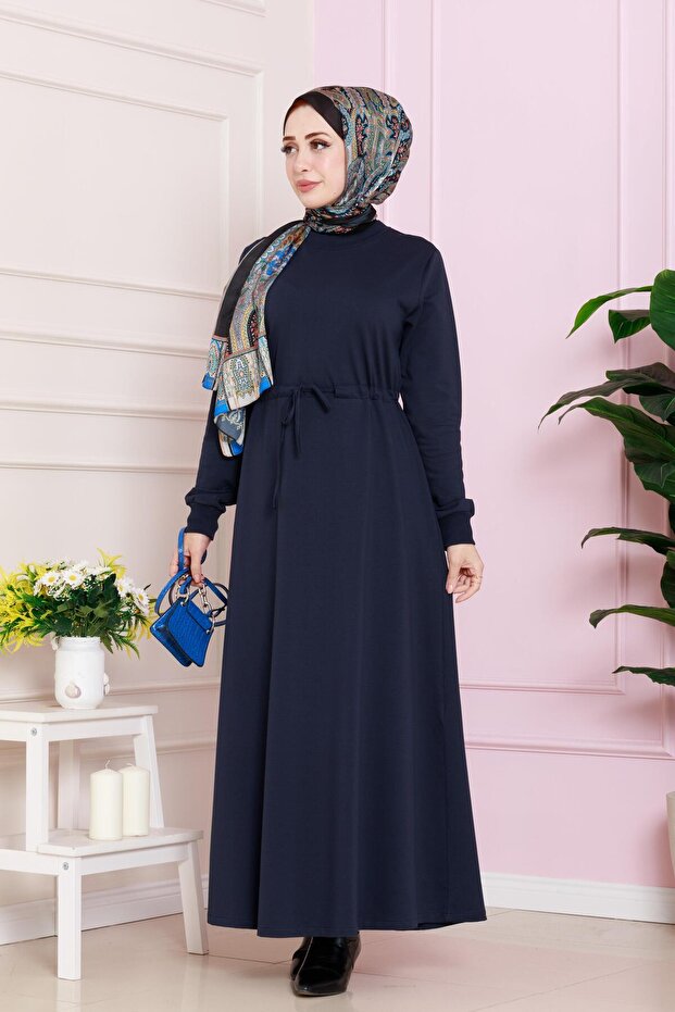 Two Yarn Dress with Tunnel Waist-Navy Blue