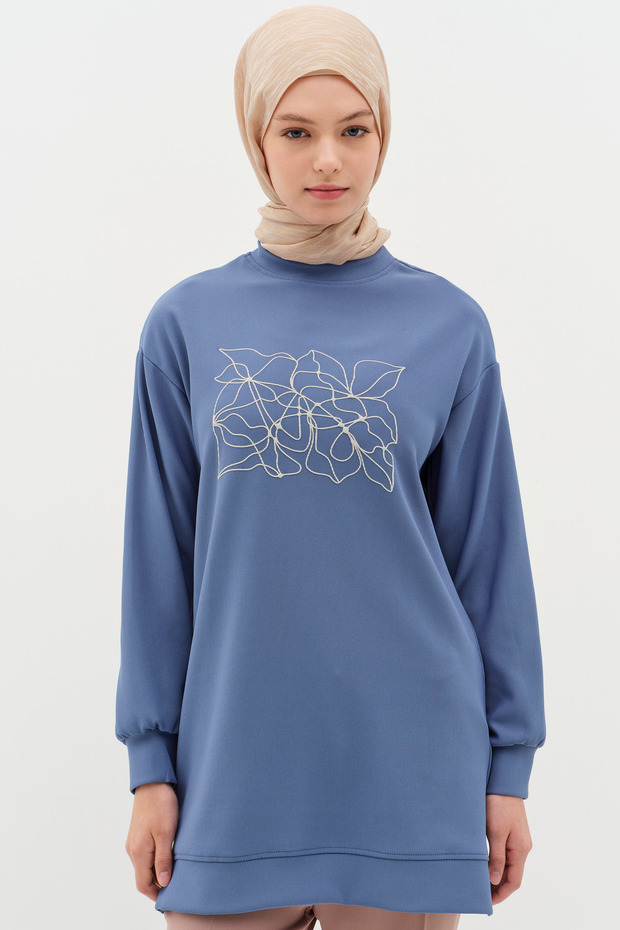 Desen Baskılı Örme Sweat - İndigo - 3