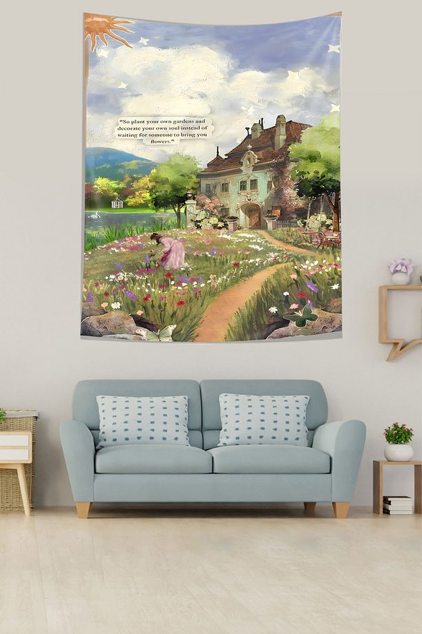 Köyde Bahar Çiçekleri Sanatsal Renkli Leke Tutmaz Kumaş Duvar Örtüsü Duvar Halısı Tapestry - 1