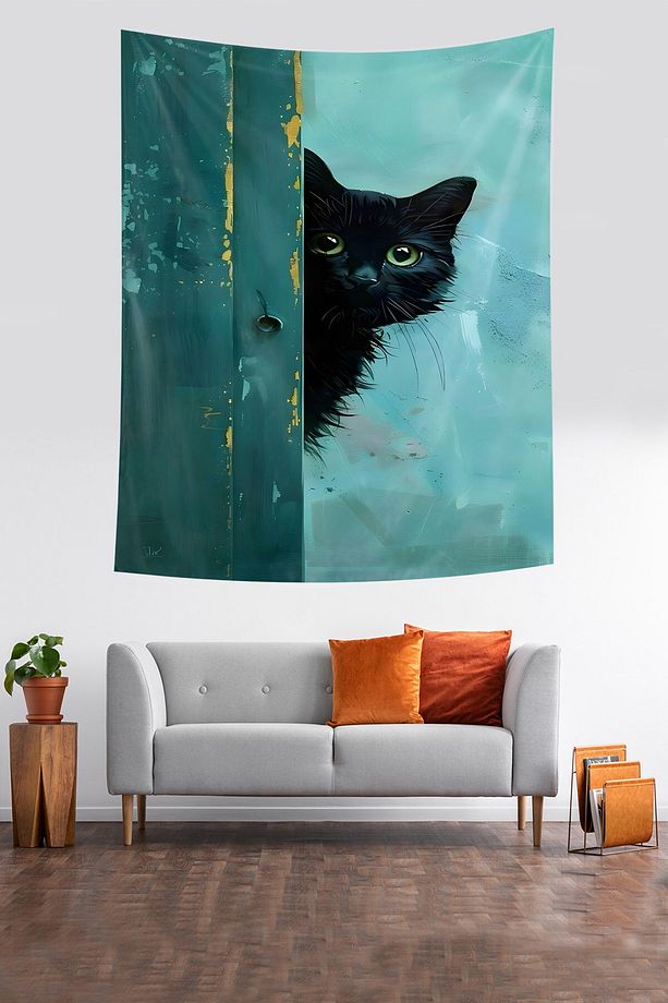 Siyah Yavru Kedi Leke Tutmaz Kumaş Duvar Örtüsü Duvar Halısı Tapestry - 3
