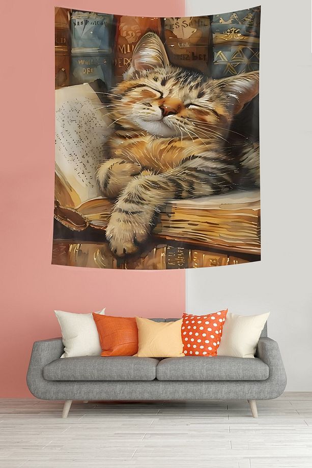 Gözü Kapalı Sevimli Kedi Desenli Leke Tutmaz Kumaş Duvar Örtüsü Duvar Halısı Tapestry - 3