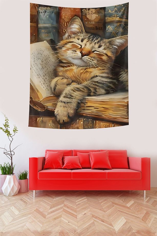 Gözü Kapalı Sevimli Kedi Desenli Leke Tutmaz Kumaş Duvar Örtüsü Duvar Halısı Tapestry - 1