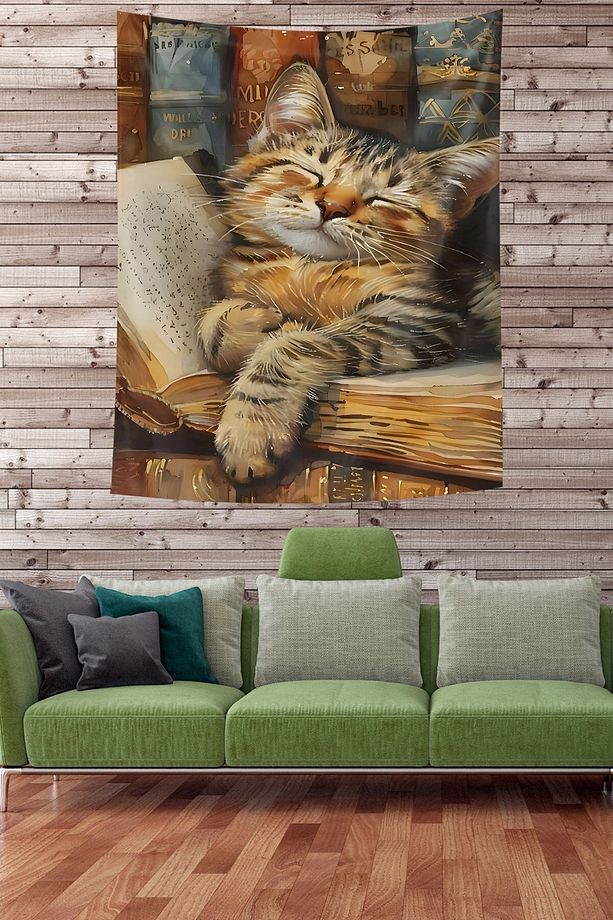 Gözü Kapalı Sevimli Kedi Desenli Leke Tutmaz Kumaş Duvar Örtüsü Duvar Halısı Tapestry - 2