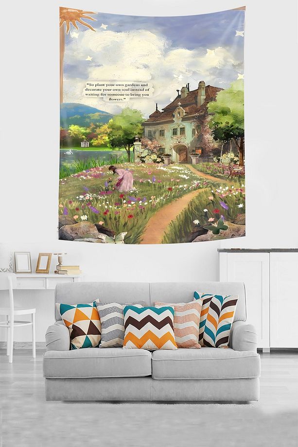 Köyde Bahar Çiçekleri Sanatsal Renkli Leke Tutmaz Kumaş Duvar Örtüsü Duvar Halısı Tapestry - 2