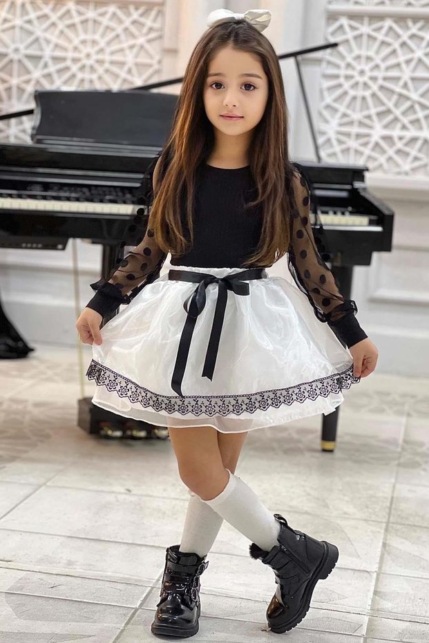 Girls' Black Sweater with Polka Dot Sleeves and Sheer Tulle Detail, Set with Guipure Tulle and Satin Skirt