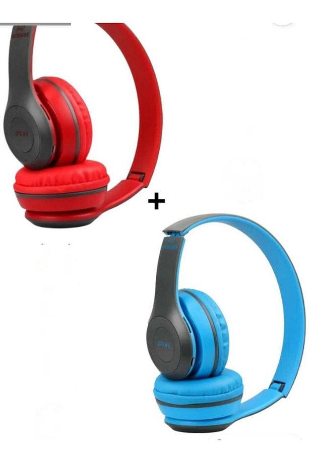 (ÇKR) 2 Adet P47 Extra Bass Wireless Bluetooth Kulaklık 5.1 Edr Kırmızı Mavi 2 Adet - 1