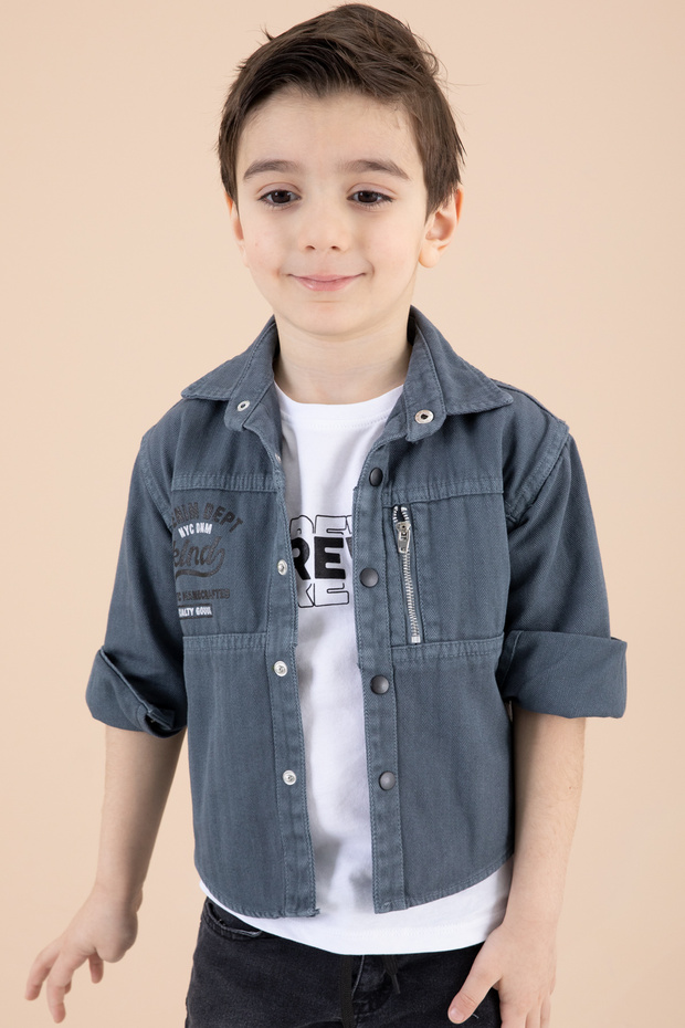 Boy's Indigo Zipper Pocket Letter Printed T-Shirt Jacket 20089