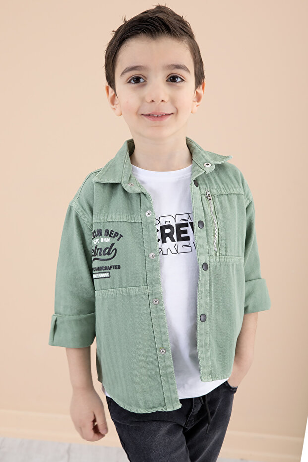 Boy's Green Zipper Pocket Text Printed T-Shirt Jacket 20091