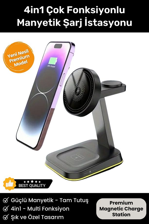 4in1 Çok Fonksiyonlu Manyetik Kablosuz Şarj İstasyonu iPhone iOS Android Uyumlu Wireless Şarj Standı - 1