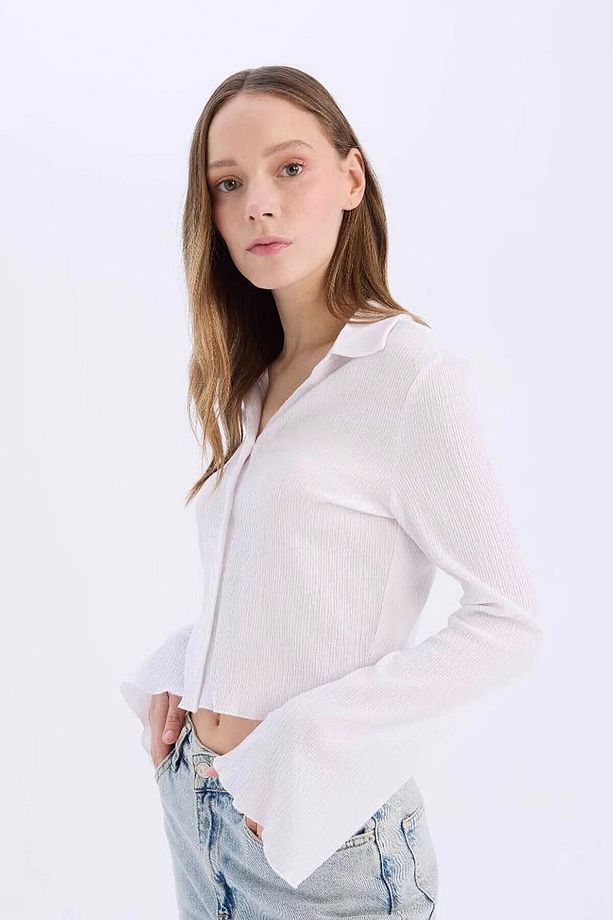 Coool Fitted Basic Düz Düğmeli Uzun Kollu Crop Beyaz Gömlek A0012ax25sp - 3