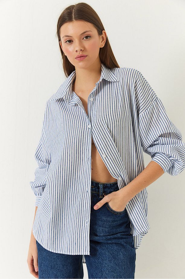 Kadın Dokuma Çizgili Oversize Standart Basic Gömlek 2021 60271073 - 1