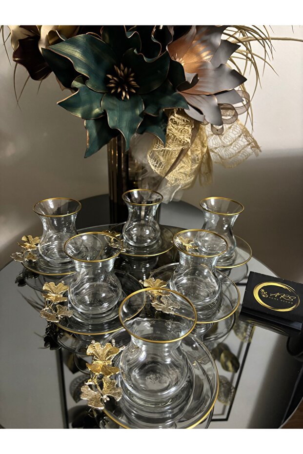 Pasabahce Gold Gilded Butterfly Detailed 6-Person 12-Piece Tea Set, Tea Set, Tea Cup and Bottom