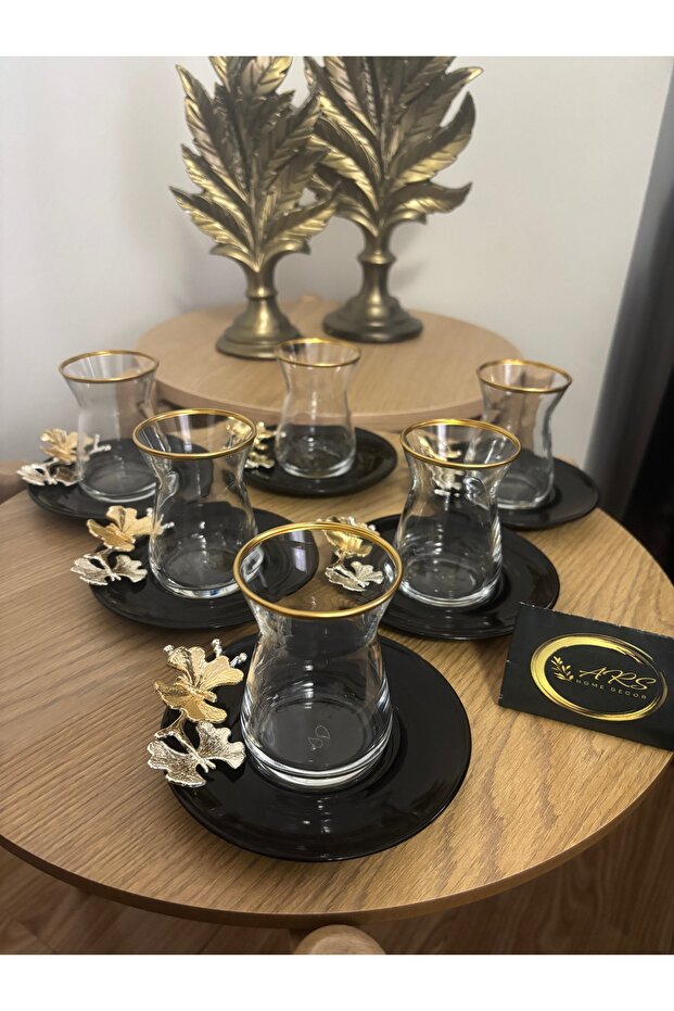 Black Glass Plate Butterfly Detailed 12 Piece Tea Set for 6 People, Tea Set, Irem Tea Cups